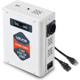 Vevor Spannungswandler aufwärts, 2000 VA, Hochleistungs-Aufwärtswandler, 110 V auf 220 V Leistungstransformator, mit 2 EU-Steckdosen, USB-Ausgang, LCD-Display, Temperaturschutz, für 220-V-Geräte