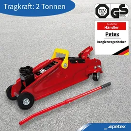 PETEX Rangierwagenheber, 2 T, hydraulisch + Drehmomentschlüssel 40-210 Nm, inkl. 3 Stecknüsse 17/19/21 mm, 1 Verlängerung - Set