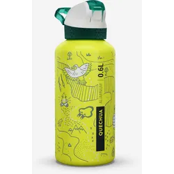 Trinkflasche 0,6 l Kinder Aluminium mit Schnellverschluss und Trinkhalm Wandern, gelb|grün, EINHEITSGRÖSSE