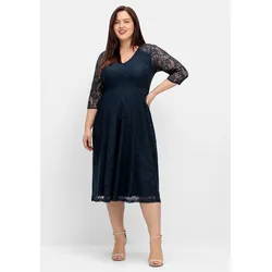 Cocktailkleid SHEEGO "Cocktailkleid", Damen, Gr. 42, Normalgrößen, blau (nachtblau), 100% Polyimid, unifarben, wadenlang, V-Ausschnitt, 3/4-Ärmel, Kleider