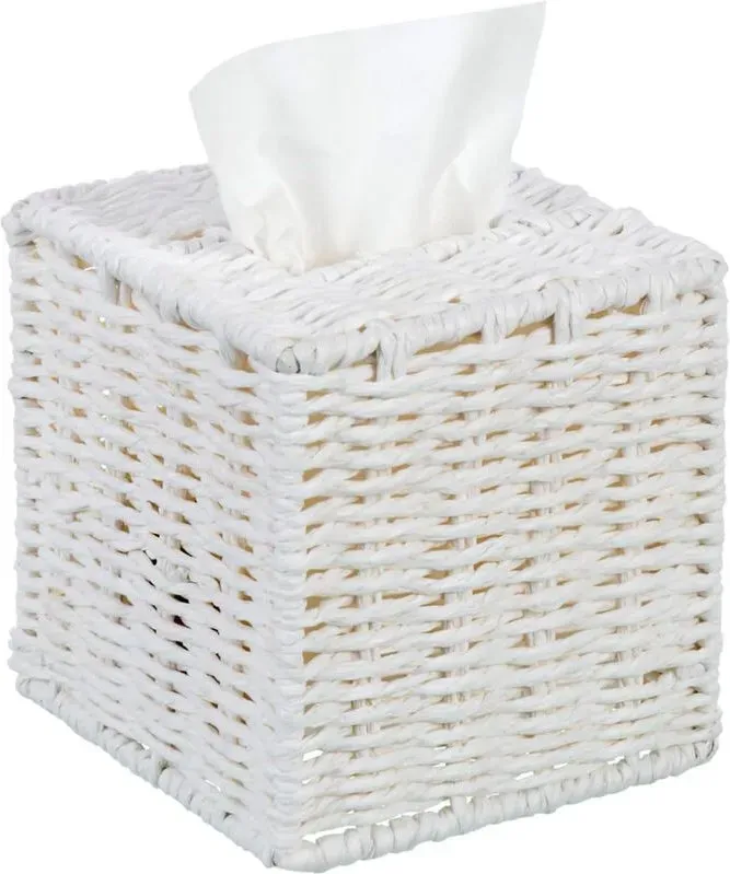 MyGift dekorativer weißer quadratischer Taschentuchbox-Halter aus geflochtenem Papierseil mit leicht zu öffnendem Nachfüllboden, Badezimmer-Dekor-Abdeckung für Kosmetiktücher