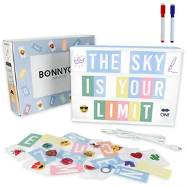 BONNYCO Light Box Blau A4 mit 400 Buchstaben, Emojis, 2 Stifte, USB, Ä Ö Ü ß Enhalten. Blaue LED Lightbox Junge Kinderzimmer, Baby Party. Lichtkasten Buchstaben, Geschenk für Geburtstag Weihnachten