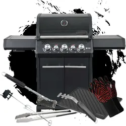 SANTOS Gasgrill S-318 | Seiten- & Heckbrenner | All Black inkl. Zubehör | Firmenbundle