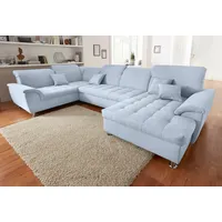 Wohnlandschaft DOMO COLLECTION "Franzi wahlweise mit Kopfteilverstellung Bettfunktion, Bettkasten", blau (pastelblau), B:352cm H:80cm T:214cm, Flachgewebe (100% Polyester), Chenille (100% Polyester), Sofas, im XXL-Format B/T/H: 352/214/80 cm, Steppung im Sitz, U-Form, Topseller