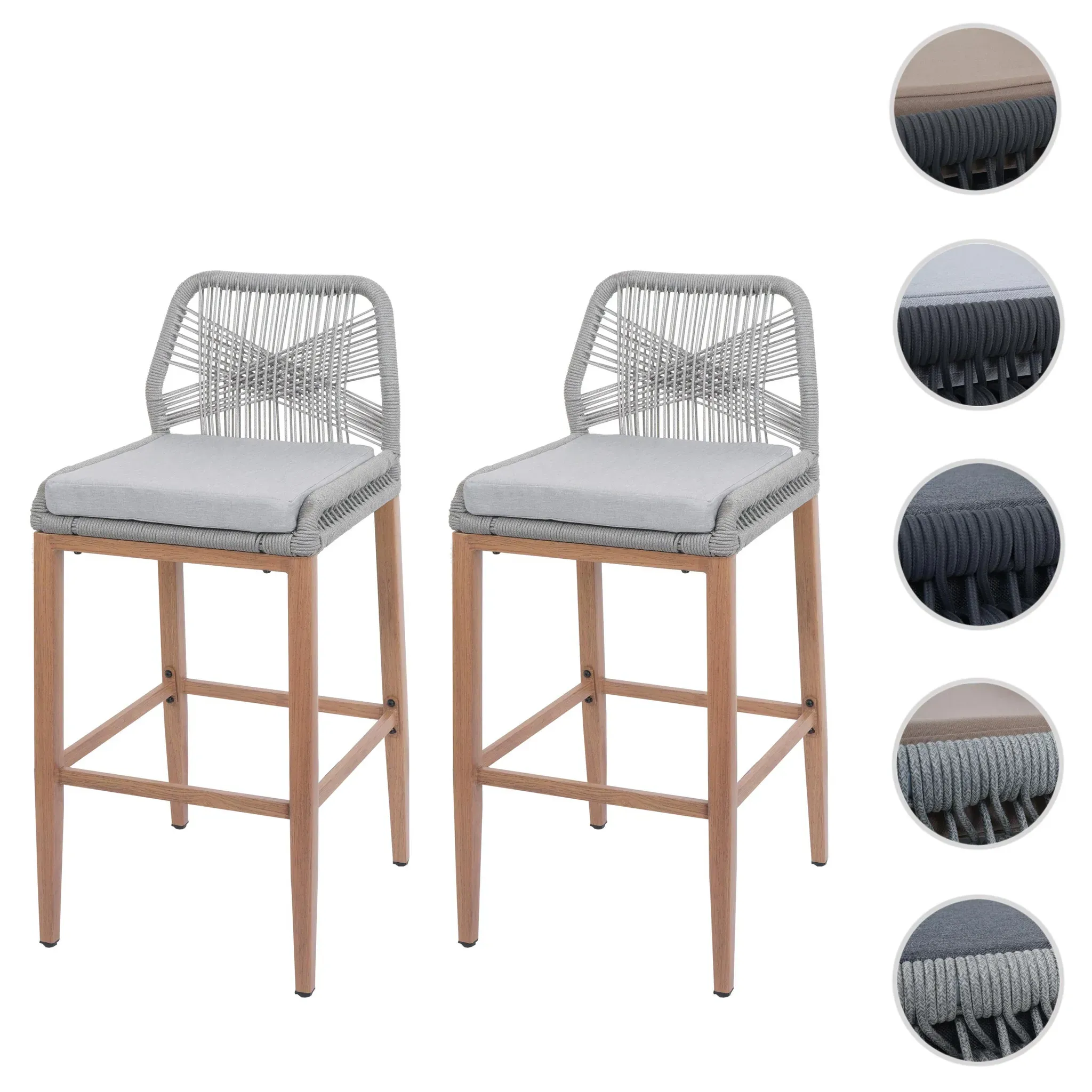 2er-Set Rope-Barhocker HWC-O21, Outdoor Sitzpolster Seilgeflecht Metall Holz-Optik ~ hellgrau, Kissen hellgrau