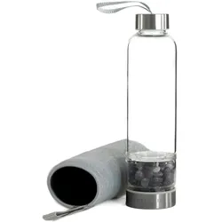 Intirilife Trinkflasche Wasserflasche mit Heilsteinen mit grauer Tasche - Amethyst - 400 ml Füllmenge