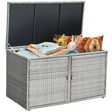 COSTWAY Auflagenbox Rattan, 333L Stauraum, Kissenbox mit Doppeltüren & Deckel & Ablage, Gartenbox Truhenbank Sitzbank, Gartenbox wetterfest, für Terrasse Garten Balkon, 115/215x60x65cm (Grau)