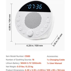 Vevor Einschlafhilfe, White Noise Machine, 18 Musktitel, 7-farbiges Nachtlicht, 6-in-1-Soundmaschine mit weißem Rauschen & zwei Alarmen, APP, automatischer Abschalttimer & Speicherfunktion