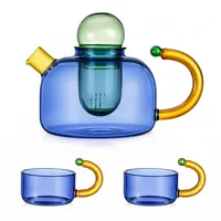 Toemics Teekannen Glas Teekanne Set mit 2 Tassen und herausnehmbarem Teesieb, kleine dekorative Teekannen farbiges Teeset für losen Tee, Kräutertee und Blütentee (Blau)