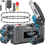 Mini-Kettensäge Kabellos: Tragbare 6 Zoll Elektro Minikettensäge mit zwei Akku, Handkettensägen für Gartenarbeiten, zum Beschneiden von Ästen und zum Holzhacken im Garten