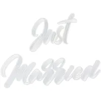 Partydeco Bügelbild Schriftzug 30x18cm Just Married Bügelsticker Kleidung Hochzeit Bügelflicken Applikationen zum Aufbügeln Aufbügelflicken Aufbügler Groß Weiß