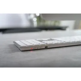 Cherry KW 9100 SLIM FOR MAC, kabellose Mac-Tastatur, Pan-Nordisches Layout (QWERTY), Bluetooth oder 2,4 GHz Funk, Flache Tasten, Wiederaufladbar, Weiß-Silber
