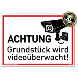 Großes Schild Achtung Grundstück wird videoüberwacht! weiß | stabiles Alu Schild mit UV-Schutz 42 x 30 cm