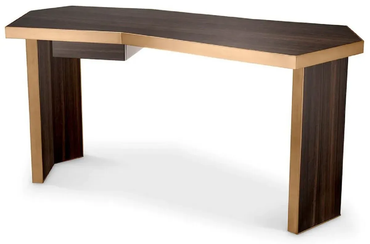 Casa Padrino Luxus Schreibtisch Braun / Messing 106 x 68 x H. 75 cm - Massivholz Bürotisch mit Schublade - Computertisch - Büro Möbel - Luxus Möbel - Luxus Einrichtung - Luxus Qualität