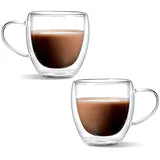 MerwDeeyt Doppelwandige Kaffeegläser 2er Set Thermogläser, Latte Macchiato Gläser Cappuccino Gläser Teegläser mit Henkel, Modern Kaffee Glas Doppelwandige Gläser Kaffeetassen (250ml)