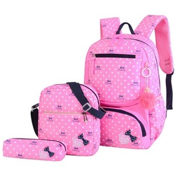 YANN Schulranzen 3-teiliges Kinder-Rucksack-Set mit Schleifenmuster für Mädchen, (Rucksack, Schultertasche und Federmäppchen im Set) rosa