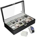 Slege Uhrenbox aus Holz mit 12 Fächern,Uhrenbox für Herren, komplett mit Samt ausgekleidet,Uhrenhalter Glasplatte & Uhrenkissen,Uhrengehäuse-Organizer als Geschenk für Herren und Damen (Schwarz)