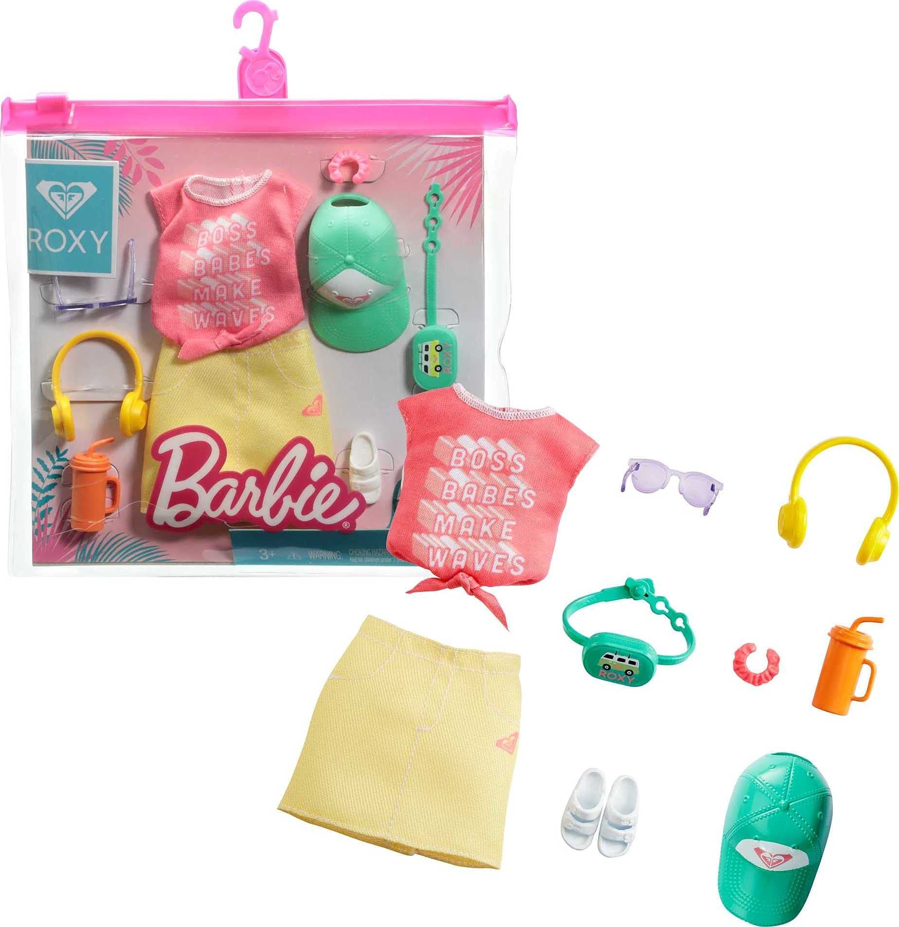 Mattel - Barbie Storytelling Fashion Inspired by Roxy Pack, Pink Graffit Tee & Yellow Mini Skirt, Hat, Sunglasses, Sandals, and Accessories