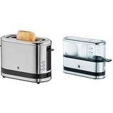 WMF KÜCHENminis 1-Scheiben Toaster Langschlitz XXl-Toast Brötchenaufsatz 7 Bräunungsstufen Überhitzungsschutz 600W Edelstahl matt & 415020011 KÜCHENminis 2-Eier-Kocher, Eierkocher