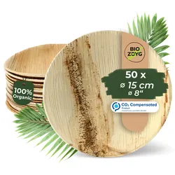 BIOZOYG 50 Stück Einwegteller Ø 15cm Palmblatt-Teller, rund, biologisch abbaubar, umweltfreundlich, kompostierbar, wiederverwertbar, Wegwerfteller
