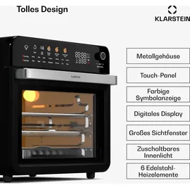 Klarstein AirGlaze Digital Heißluftfritteuse – 34 L, 2200 W, 19 Programme, Rotisserie, Touch Display, 40-350 °C, Pizzastein & Grillroste, Doppelt Verglaste Tür, Schwarz