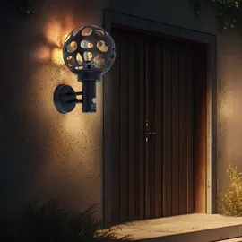 GLOBO LED Aussenlampe mit Bewegungsmelder anthrazit Wandlampe mit Bewegungsmelder Außen Wandleuchte Kugel, im Loch-Design, 1x Filament LED warmweiß Edelstahl ALU, H 32,7 cm