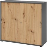 bümö Schiebetürenschrank "3OH" - Aktenschrank abschließbar, Sideboard Schrank mit Schiebetüren in Graphit/Asteiche - Büroschrank aus Holz mit