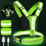 Warnweste LED Aufladbar, Warnweste Fahrrad mit 2 Reflektorbänder, Einstellbare Reflektionsweste Laufweste, LED Warnweste Kinder Sicherheitsweste für Joggen, Wandern, Gehen mit dem Hund