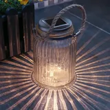 MARELIDA LED Solar Windlicht Glas geriffelt H: 15cm Juteseil transparent