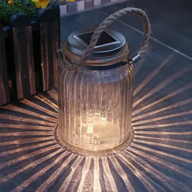 MARELIDA LED Solar Windlicht Glas geriffelt H: 15cm Juteseil transparent