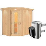 Woodfeeling Karibu Energiespar-Sauna Caspin mit Eckeinstieg 68 mm 3,6 kW Plug&Play Ofen mit integrierter Steuerung inkl. 8-teiligem gratis Zubehörpaket (Gesamtwert 191,92€)