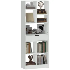 Homcom Bücherregal Standregal mit 9 Fach, platzsparend Aufbewahrungsregal mit Schublade, Büroregal für Wohnzimmer, Büro, 60 x 26 x 158 cm, Weiß