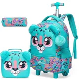 JSMNIAI Trolley Rucksack mit 2 Rollen für Kinder Mädchen,Trolley Schultasche für Kinder Schule und Reise,Trolley Kindergepäck Mit Essensbeutel und Federmäppchen