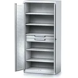 Regal-Werkstattschrank 2-türig MECHANIC, 5 Fachböden, 2 Schubladen, 920 x 500 x 1950 mm, graue Tür
