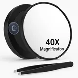 HingtTraum 40X Vergrößerungsspiegel mit Saugnapf – Kompakter Kosmetikspiegel mit Vergrößerung, Tragbarer Reisespiegel inkl. Pinzette zum Zupfen & Schminken