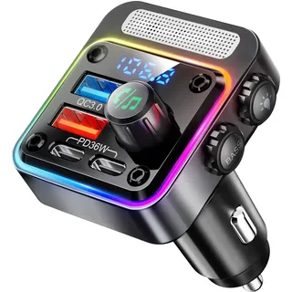 NULAXY 54W Bluetooth 5.3 Adapter Auto mit 4 Ladeanschlüssen [PD 36W & QC3.0 18W], Drahtloses Radio FM Transmitter für, Deep Bass Player, 5 Farben LED Hintergrundbeleuchtung, Handfreie Anrufe, Schwarz