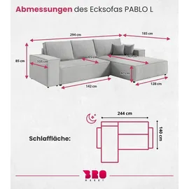 bromarkt Ecksofa PABLO Schlaffunktion Bettkasten L-Form 294x185x85cm Hellgrau Links - Hellgrau