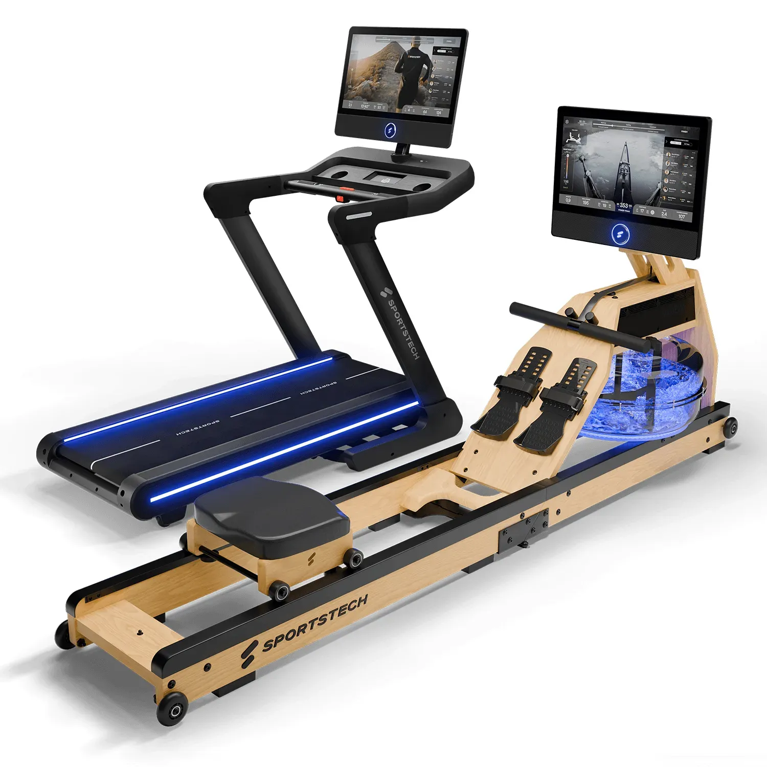 Sportstech Bundle AquaElite + sTread‐Pro, Wasser‐Rudergerät & Profi‐Laufband mit 21,5