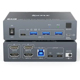 KVM Switch 2 PC 2 Monitore für 1 Laptop und 1 Desktop 4K@60Hz,USB C HDMI Dual Monitor KVM-Switches mit 4 USB 3.0 Port,80W PD Aufladung,USB-C Kabel,Verdrahtete Fernbedienung und 12V Netzteil Inklusive