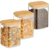 Relaxdays Vorratsgläser mit Bambusdeckel, 3er Set, eckige Vorratsdosen aus Glas, 900 ml, luftdicht, transparent/natur