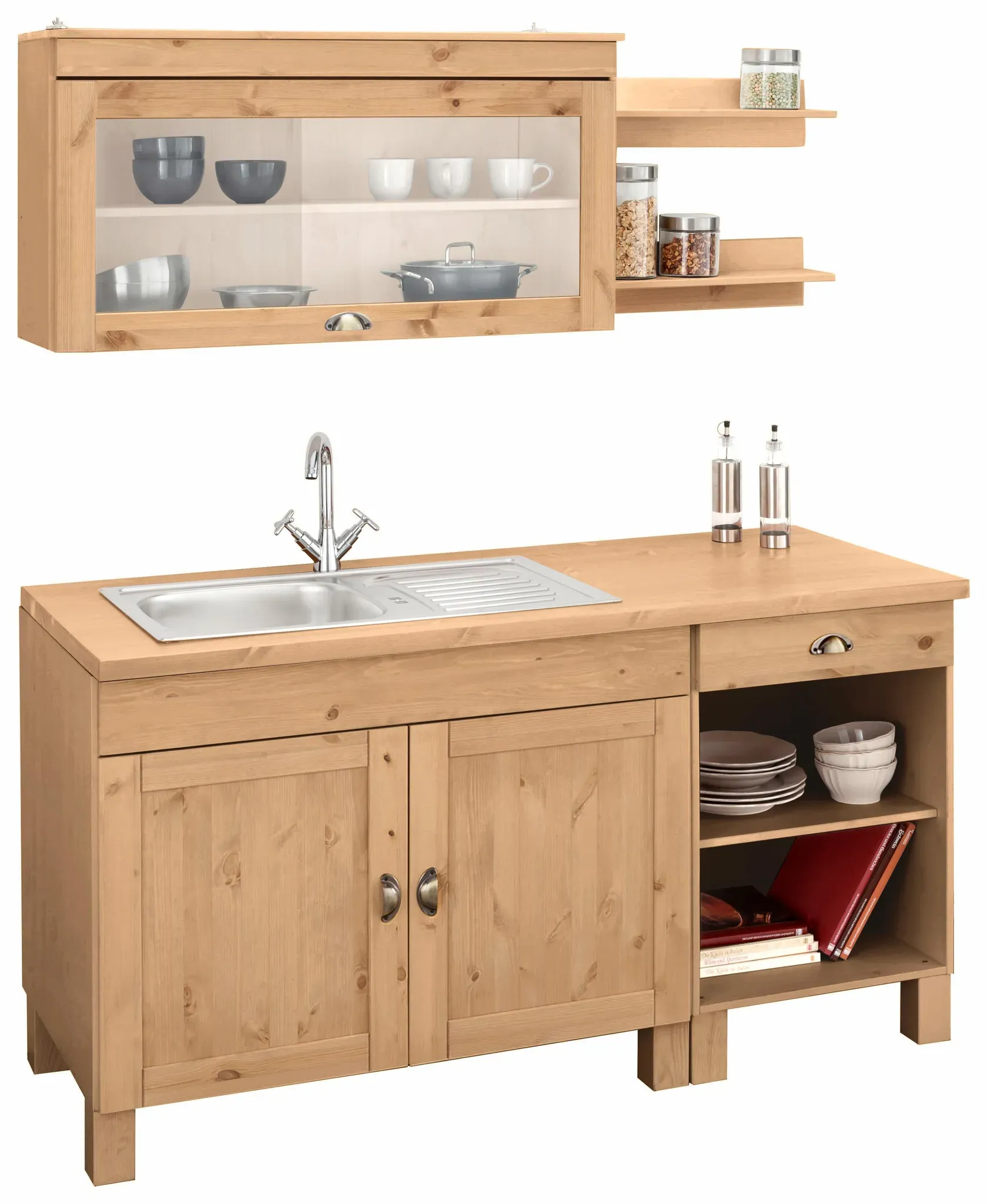 Pantryküche HOME AFFAIRE "Oslo", beige (küche: natur gebeizt, gewachst, korpus: beize wax, arbeitsplatte: beize wax), B:150cm T:60cm, Komplettküchen-Sets, Breite 150 cm, Arbeitsplatte 35mm stark, ohne E-Geräte