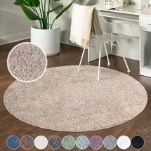 Carpet City Shaggy Hochflor Teppich - Rund 160 cm - Sand-Beige - Langflor Wohnzimmerteppich - Einfarbig Uni Modern - Flauschig-Weiche Teppiche Schlafzimmer Deko