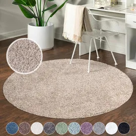 Carpet City Shaggy Hochflor Teppich - Rund 160 cm - Sand-Beige - Langflor Wohnzimmerteppich - Einfarbig Uni Modern - Flauschig-Weiche Teppiche Schlafzimmer Deko