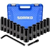 SORAKO 16tlg Schlagschrauber Nüsse Set 1/2 Zoll 10-24mm Schlagschraubereinsatz-Satz, Steckschlüssel-Satz mit L-Griff Verlängerungsstange für Autos (Schwarz 1)