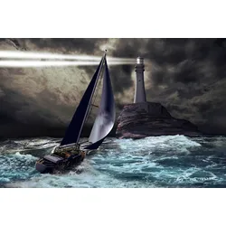 Fototapete PAPERMOON "Schiff mit Leuchtturm", bunt, B:3,50m L:2,60m, Vlies, Tapeten