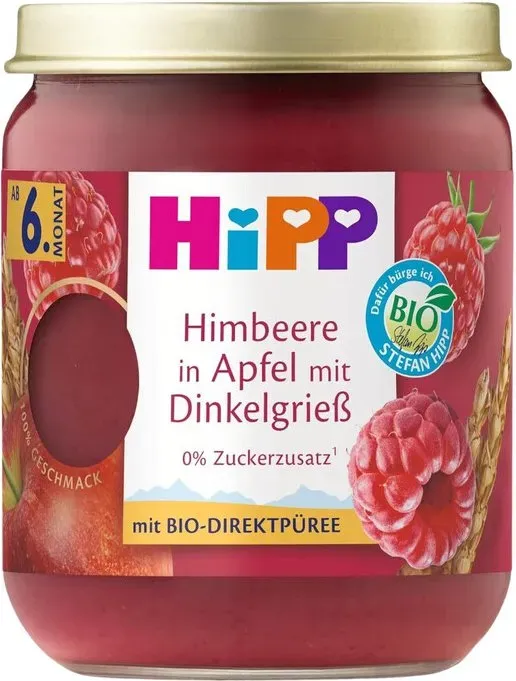 HiPP Bio Frucht und Getreide Himbeere in Apfel mit Dinkelgrieß, ab dem 6. Monat, 160g 6er Pack (6x160g)