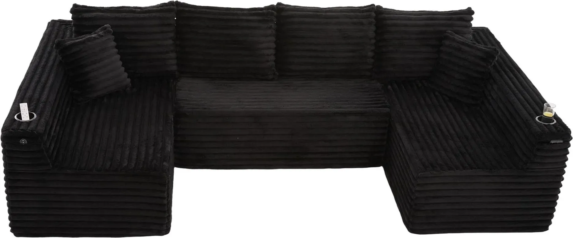 U-förmiges Cord-Sofa, integriertem Getränkehalter und Seitentasche, Federkernpolsterung, 320x155x88 cm, Schwarz