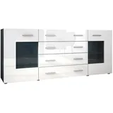 Vladon Sideboard Grömitz V2 (Kommode mit 2 Türen, 4 Schubladen und 2 flexible Glaseinlegeböden), Schwarz matt/Weiß Hochglanz (166 x 72 x 35) weiß