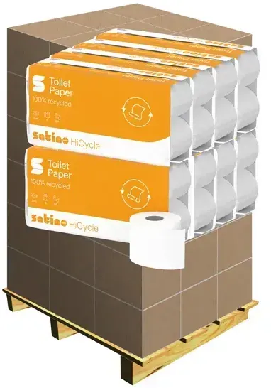 Toilettenpapier Wepa Satino HiCycle hochweiß 2-lagig Palette Palette 2112 Rollen x 250 Blatt, Waffelprägung, Recycling