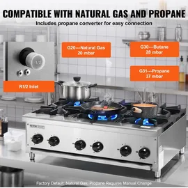 Vevor Kommerzieller Gasherd Gaskochherd mit 6 Gaskochfelder, Propan / Erdgas-Kochherd Edelstahl-Gaskochplatte, kommerzielles Kochgerät 915 x 775 x 335 mm für Restaurants Hotel Café 42 kW